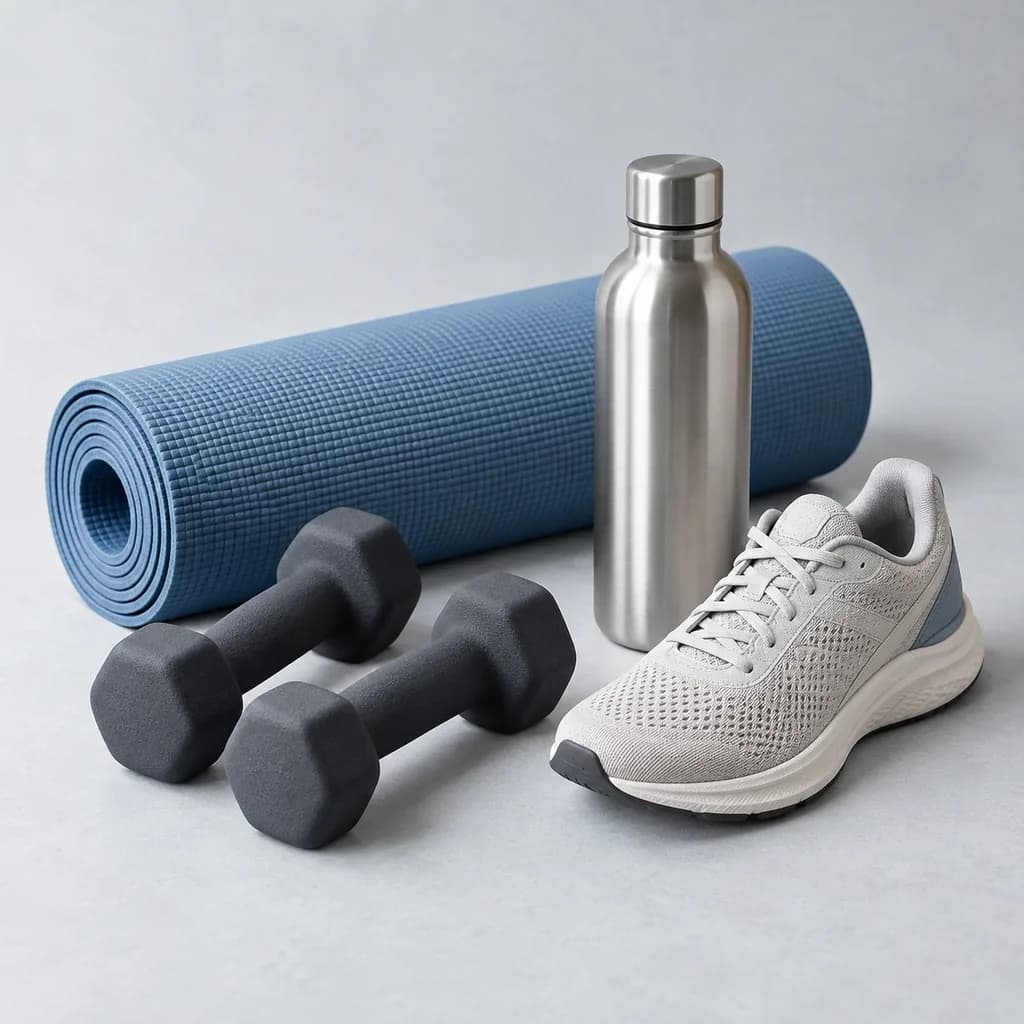 Een sportmat, dumbbells, drinkfles en hardloopschoen