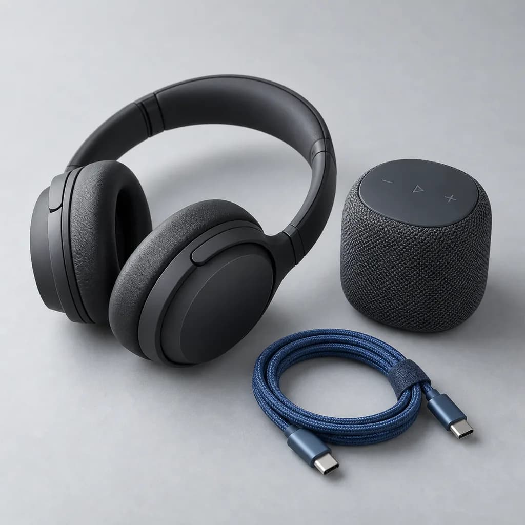 Een koptelefoon, draadloze speaker en USB-C-kabel